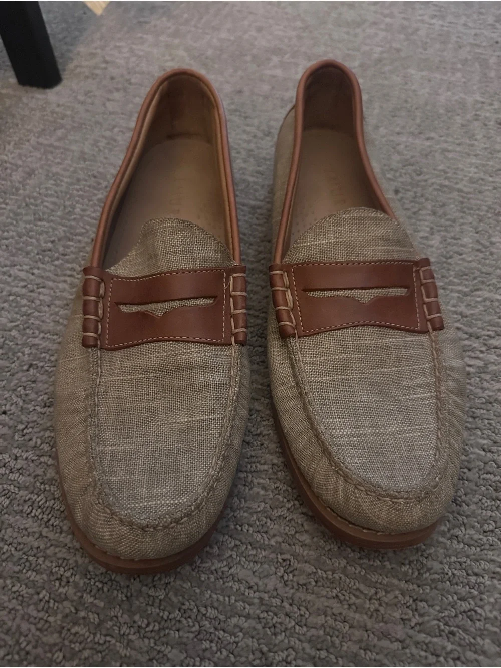 Johnston & Murphy Linen Upper Penny Loafers with Brown Leather Trim